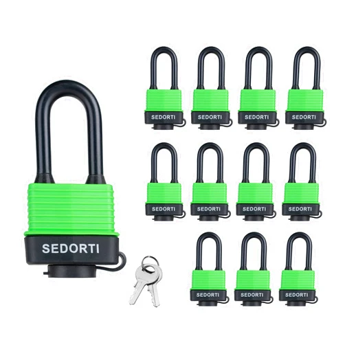 SEDORTI Colored Waterproof Padlocks, Heavy Duty Laminated Steel Lock with Green Plastic Covered, Keyed Alike Outdoor Locks, Can Be Used as Lockout Tagout Lock, Long Padlocks, Pack of 12