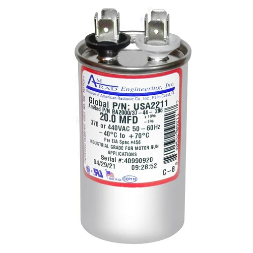 AMRAD ENGINEERING USA2211 Series Round USA-Made Motor Run Capacitor, 20 Mfd, 370/440 Vac-132326