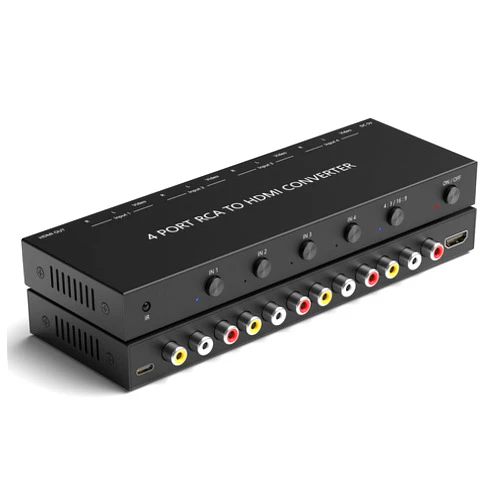 ZUZONG 4 Port RCA to HDMI Converter 1080P/720P RCA Composite CVBS AV Switch to HDMI Converter Adapter Support 4:3/16:9 Switch, for Sega Xbox PS1 PS2 PS3 N64 NGC SNES WII VHS VCR Camera DVD(With Remote）