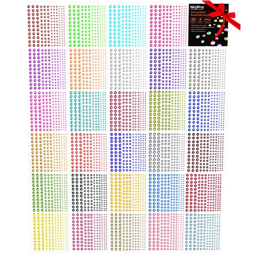 Nicpro Rhinestone Stickers 4950 PCS, Nicpro Self Adhesive Face Gems Stick on Body Jewels Crystal in 4 Size 30 Colors,30 Embellishments Sheet for Decorations Crafts Nail Makeup