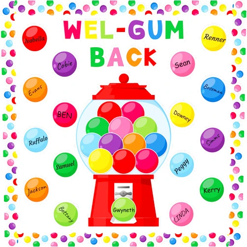 WATINC 105Pcs Back to School Gumball Machine WEL-Gum Cutouts Colorful Bubble Gumballs Bulletin Board Decoration Set, Classroom Welcome Candy Theme Chalkboard Wall Party Supply for Elementary School