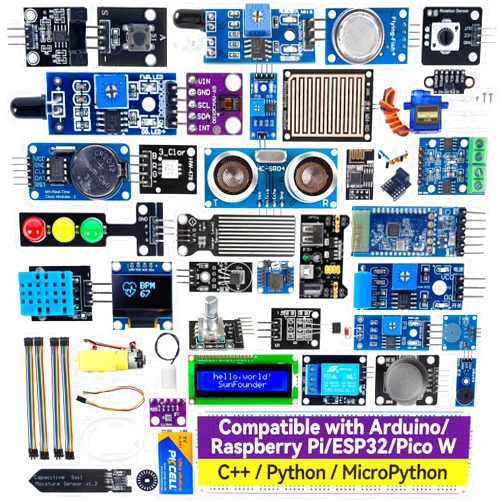 SunFounder Universal Maker Sensor Kit Compatible with Arduino Mega 2560/Uno R3/R4 Minima/WiFi Nano, Raspberry Pi 5/4B/3B+/Zero 2 W/, Pico W, ESP32, C++, Python, MicroPython, Beginners & Engineers