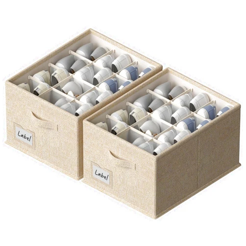 FHSQX 2 Pack Shoe Organizer for Closet,Fits up to 24 Pairs,Fabric Shoe Storage Bins,Large Shoe Box Storage Containers with Bottom Support for Shoes (Beige, (16.5 * 12.6 * 9.5) x1)