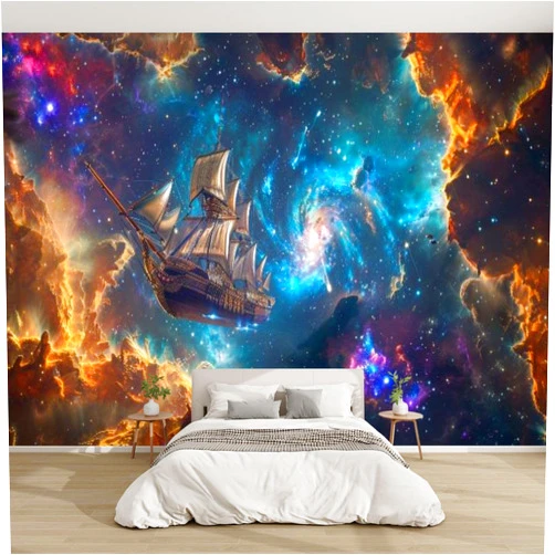 LDGAQNPF 3D Modern Canvas Wallpaper Mural Galleon Nebula Rutkowski Paick Art Peel and Stick Removable Self Adhesive Wall Stickers for Living Room Kids Bedroom Home Decor, 100x144inch