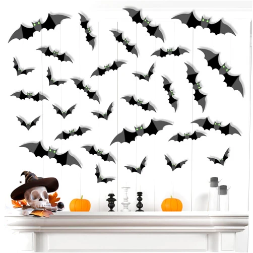Vecvek 100PCS Halloween 3D Bats Wall Decoration 4 Different Sizes Bats with Glow Eyes PVC Scary DIY Realistic Black Bats Sticker for Home Decor Wall Window Decal Bathroom Indoor Hallowmas Party Supplie (100)