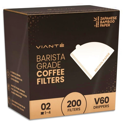 Vianté V60 Coffee Filters. Pour Over Coffee Filter Size 2 Brown Unbleached Filters From Natural Bamboo Fibers (200 Count)