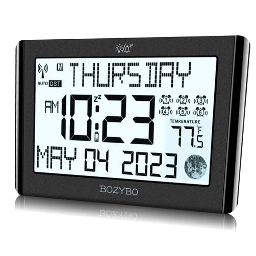 BOZYBO Digital Clock with 6 Alarm Clocks: Atomic Clock with Indoor Temperature Self Time Correction Clock with Day and Date for Elderly Adjustable Brightness Wall Clock or Desk Clock for Bedroom