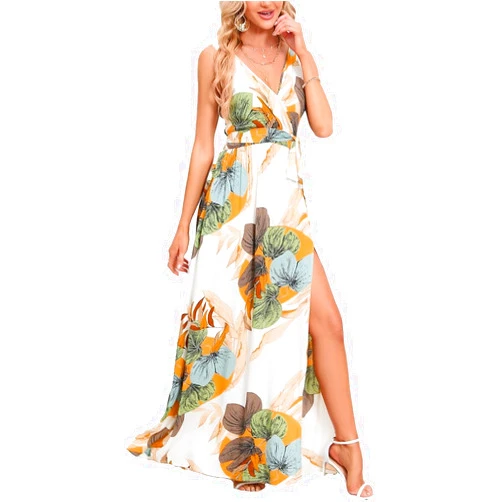 Compulsoryking Women's Floral Deep V-Neck Sleeveless Slit Printed Long Suspender Dress Casual Boho Split Beach Flowy Dresses