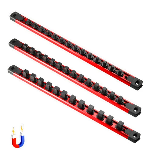 ALOANES 3-Piece Magnetic Socket Organizer, Heavy Duty Aluminum Socket Rails Organizer, 360° Swivel Clips Socket Holder Kit for Tool Box, 1/2, 3/8, 1/4-Inch Socket Holder x 40 Clips (Red)