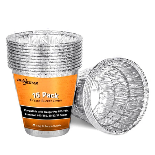 SHINESTAR 15-Pack Grease Bucket Liners for Traeger Pro 575/780, Ironwood 650/885, 20/22/34 Series, Disposable Aluminum Drip Bucket Liner, 5×4.5 Inch, BAC407