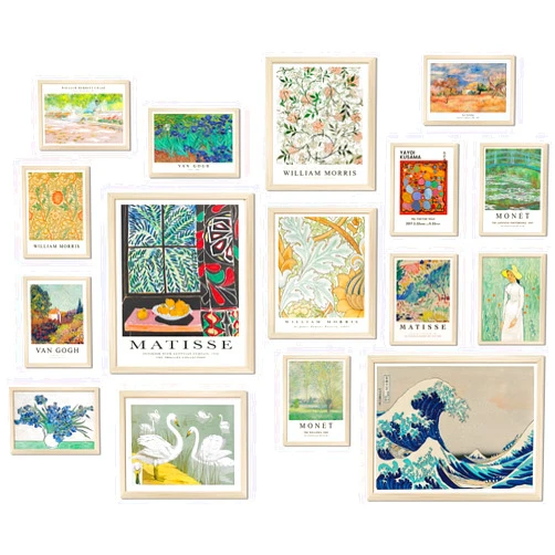 ASTRDECOR Vintage Eclectic Wall Art Prints Set of 16, Eclectic Wall Decor, Colorful Maximalist Decor Aesthetic, Abstract Canvas Art Prints Wall Decor Matisse, Monet, William Morris Famaus Artist Painting, Vintage Gallery Wall Prints Poster for Living Room Bedroom Dorm【Unframed】