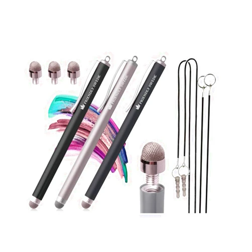 The Friendly Swede Mesh Tip Stylus Pen for Touchscreen — 3-Pack Micro-Knit Capacitive Stylus Pen for iPad & iPhone with 3 Replaceable Fiber Tips, Elastic Lanyards & Screen Cleaning Cloth