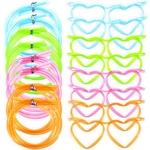 Skylety 8 Pcs Drinking Straw Eyeglasses Plastic Silly Straw Eyeglasses DIY Drinking Straw Glasses in Cute Heart Fun Loop Straws Crazy Eyeglasses for Adults Kids Annual Meeting Parties Birthday (4 Colors)