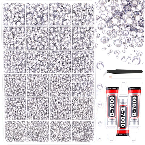 TINKRSTUFF 32000Pcs Resin Rhinestones for Bedazzling, Silver Clear Flatback Gems for Diamond Art, Crystal Bedazzler Kit with 3Pcs 10ml B7000 Jewelry Glue for Nail Art Crafting Clothing Book Makeup