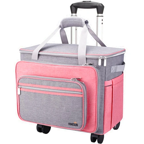 FINESUN Sewing Machine Case with Wheels, Foldable Deluxe Rolling Sewing Machine Case for Brother, Singer, Janome and Most Machines,Pink-Grey