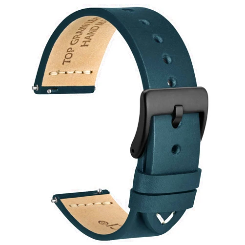 WOCCI 22mm Old-fashioned Watch Band for Men, Top Grain Leather, Black Matte Buckle (Retro Blue)