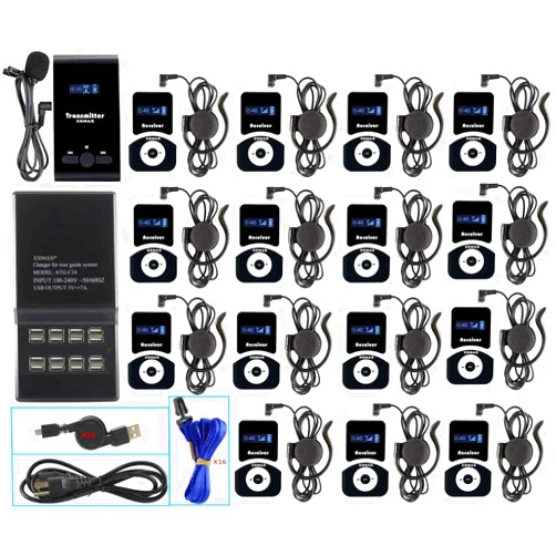 EXMAX® ATG-100T 195MHz Wireless Tour Guide System Simultaneous Translation Interpreting Equipment for Church Translator in Your Ear Translation Devices 1 Transmitter 15 Receivers + Charge Station