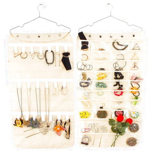 HUSTON LOWELL Hanging Jewelry Organizer Double Sided 40 Pockets & 20 Magic Tape Hook Storage Bag Closet Storage for Earrings Necklace Bracelet Ring Display Pouch (Beige)