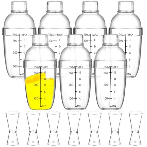 Yinder 7 Pcs Plastic Cocktail Shaker Set Drink Mixer with Mark Clear Drink Shaker Cocktail Shaker and Measuring Jigger Set Ounce Cup Clear Bar Set for Bar Party Home Use Wine Shaker Bar Mixing Tool (11.8oz)