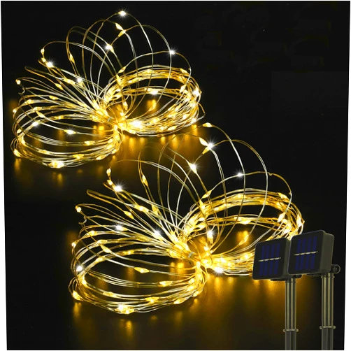 BEEWIN 2 Pack 33ft 100 LED Solar Copper String Lights,8 Modes Christmas Fairy Lights Waterproof IP65 Twinkle Lighting Indoor Outdoor Fairy Firefly Lights Auto ON/Off (Warm White)