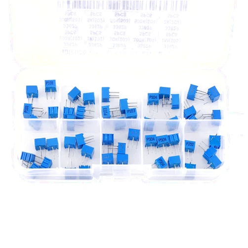 Molence 50PCS 3362P Single Turn Trimmer Potentiometer Assortment Kit 100 500 1K 2K 5K 10K 50K 100K 500K 1M ohm Breadboard Resistance with Plastic Box for Arduino PCB