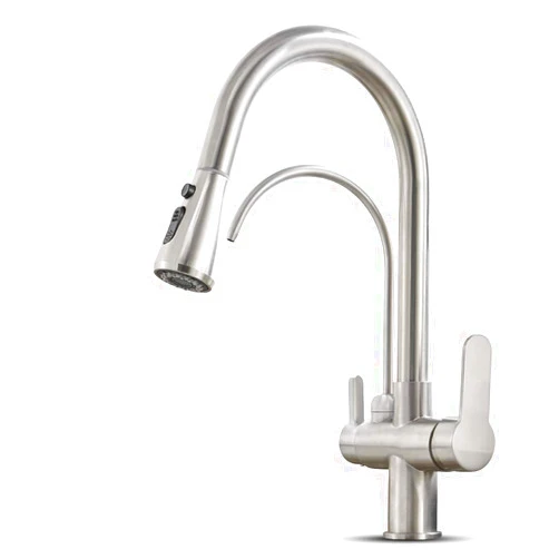 MENATT Filter Kitchen Faucet with Drinking Water Faucet, High Arc Pull Down 3-Way Kitchen Faucet, 3 in 1 Sink Cold and Hot Mixer Tap (Brushed Nickel)
