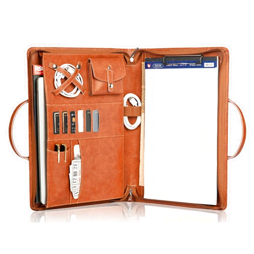Calfinder Leather Portfolio with Handle, Lightweight Carrying Case with Pocket fits up to 15-inch Laptop, with Legal Pad Holder, Zippered Padfolio Folder Organizer for Women, Brown