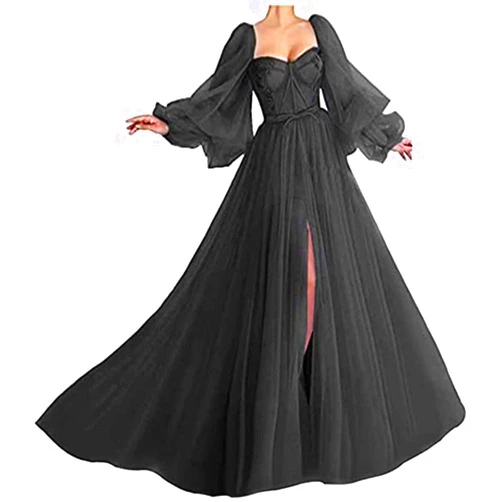 OUJUNFU Puffy Sleeve Prom Dress Long with Split Evening Gowns Birthday Party Dresses