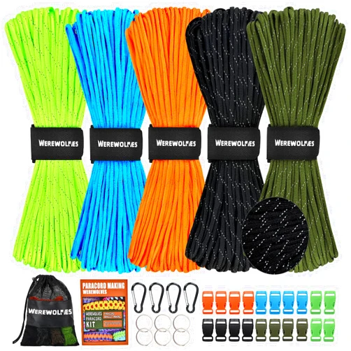 WEREWOLVES 550 Paracord Kits 100ft Each Color - 5 Colors Parachute Cord Combo 7 Strand Type III Parachute Cord 4mm for Crafting, Dog Collar, Survival Bracelets