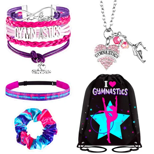 Dunzy 5 Pcs Gymnastics Gifts for Girls Kids Gymnastics Stuff Drawstring Bag Headband Girls Bracelet Necklace Scrunchies Gymnast Party Favors for Youth Boys Kids