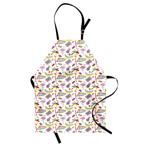 Ambesonne Flamingo Apron, Retro Vintage 80s Memphis Style Summer Elements Geometrical Natural and Colorful, Small Apron Bib with Adjustable Ties for Baking Painting, Small Size, Multicolor