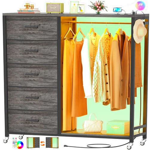 Girapow Dresser for Bedroom with Hanging Rack, Grey Oak 5 Drawers Dresser with Power Outlets & LED Lights, 2-1 Storage Unit Dressers with Lockable Wheels, Wooden Top, Bedroom, Closet, Entryway