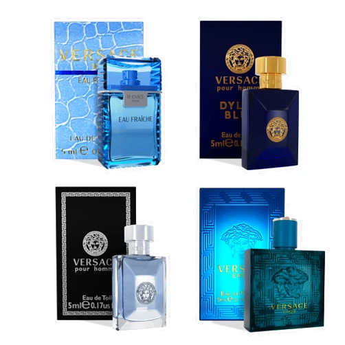 Versace Cologne for Men Set of 4 Mini Eros, Pour Homme, Dylan Blue, Eau Fraiche Perfume for Men Fragrance Sampler Set - Designer Mens Cologne Samples (4 Count, 0.17 oz)