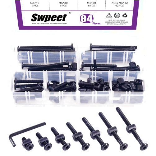 Swpeet 84Pcs Black M6 × 20/30/40/50/60/70/80mm Crib Hardware Screws Kit, Hex Socket Head Cap Crib Baby Bed Bolt and Barrel Nuts with 1 x Allen Wrench Perfect for Furniture, Cots, Crib Screws