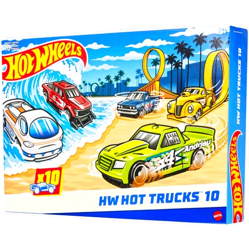 Hot Wheels Toy Trucks 10-Pack, Set of 10 Die-Cast 1:64 Scale Utility, Racing & Other Pickup Trucks or Vans, Modern & Retro Models (Styles May Vary)