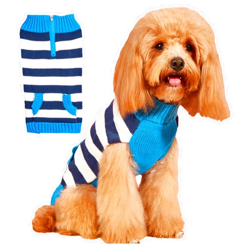 CHBORLESS Knit Striped Dog Sweater Zipper Puppy Clothes with Pocket Warm Knitted Pet Winter Clothing for Small Dogs Cats Outfits Suéter Para Perros (XX-Small, Blue)