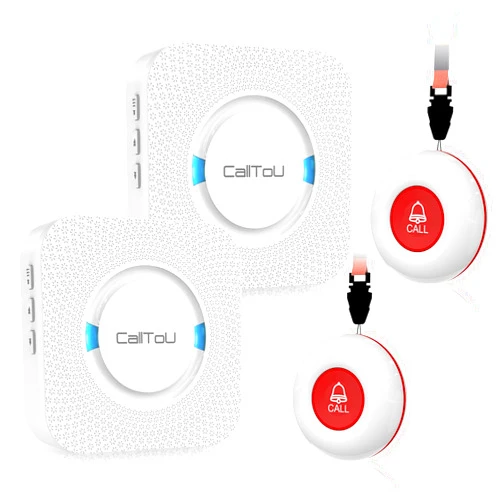CallToU Wireless Caregiver Pager Smart Call System 2 SOS Call Buttons/Transmitters 2 Receivers Nurse Calling Alert Patient Help System for Home/Personal Attention Pager 500+Feet Plugin Receiver