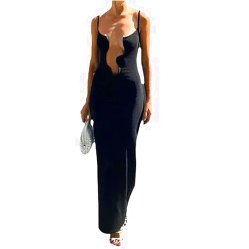 YBRAVO 2024 Fashionable Sexy Solid Color Wave Edge V-Neck Sling Beach Dress