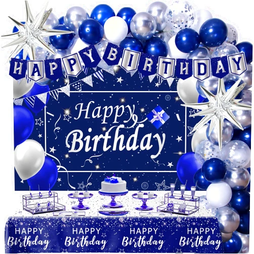 Perpetily Navy Blue Birthday Decorations for Men Boys Women Girls, 80 PCS Blue and Silver Party Decorations, Happy Birthday Backdrop Banner Party Supplies Blue Silver Confetti Star Balloons Arch Tablecloth