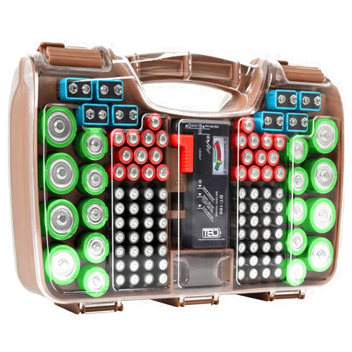THE BATTERY ORGANISER Storage Case with Tester, Clear Battery Holder for 180 Batteries of Various Sizes, Cocoa
