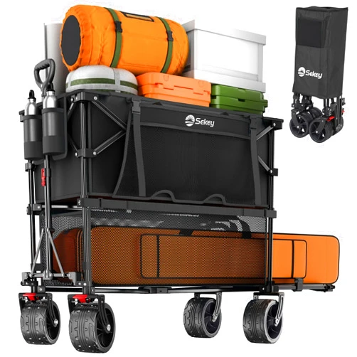 Sekey 500LBS Heavy Duty Double Decker Wagon with Extender, 400L Large Capacity Collapsible Garden Cart Fits 10x10 Canopy, All-Terrain Big Wheels with Brakes, Foldable Utility Wagon for Sports, Camping