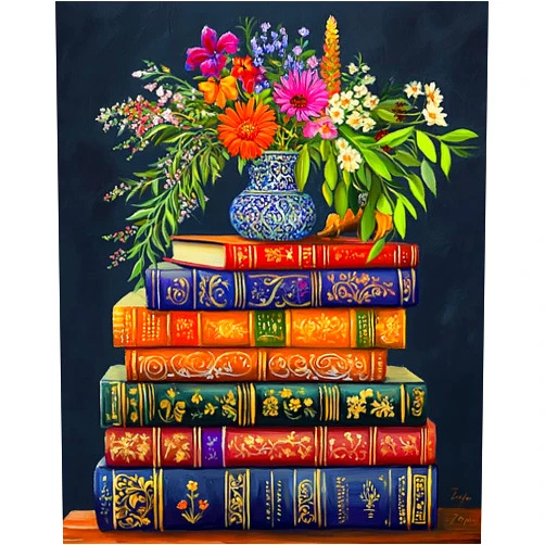 MSTINGSHUN Book and Vase Paint by Numbers Study Room Decoration DIY Painting by Number on Canvas Flowers in Vase Painting with Brushes Acrylic Paints for Home Decor 16x20 Inch（Without Frame）