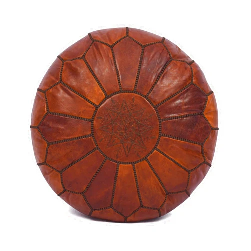 Moroccan Leather Handmade Pouf Ottoman Cover, Unstuffed Foot Stool, Round Boho Footrest for Living Room, Bedroom, Home Decor Gift (Dark Tan By Brown)