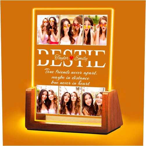 Idiyfun Personalized Gifts for Best Friend Women, Customized Acrylic Plaque LED Walnut Photos Frame with Night Light, Christmas, Friendship, Birthday Gifts for Besties BFF Sister
