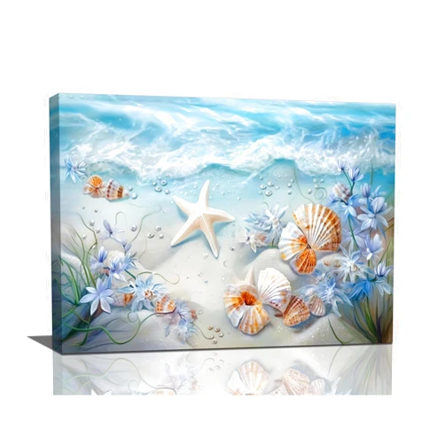 yerretin Beach Seashell Bathroom Wall Art Coastal Starfish Pictures Wall Decor Modern Home Canvas Painting Decorations Artwork for Living Room Bedroom Office Framed, 16