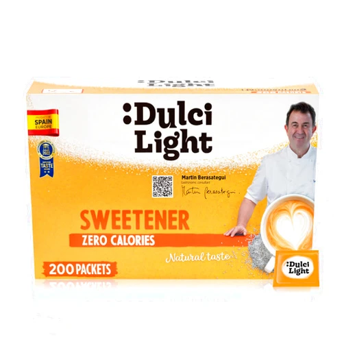 DULCI LIGHT DULCE Y SALUDABLE Dulci Light Sweetener Zero Calorie 200 Packets count. Sweetener Sugar free and Gluten free. Sugar substitute suitable for diabetics and celiacs. Substitute for: Stevia, Monk Fruit, erythritol, and other sweeteners.