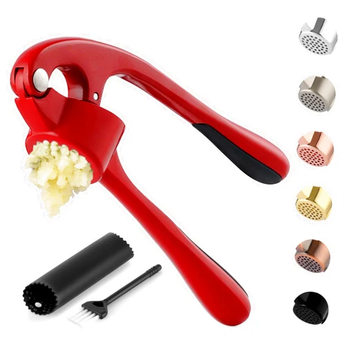 Zulay Kitchen Premium Garlic Press Set - Rust Proof & Dishwasher Safe Professional Garlic Mincer Tool - Easy-Squeeze, Easy-Clean with Soft, Ergonomic Handle - Silicone Garlic Peeler & Brush (Red)