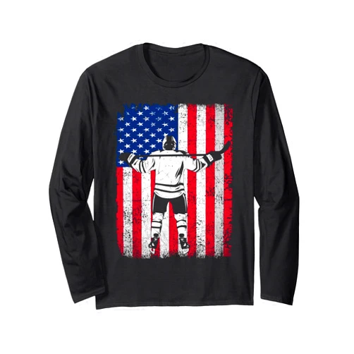 American Hockey Themed Graphics US American Flag Ice Hockey Boys Hockey Player Fan Long Sleeve T-Shirt