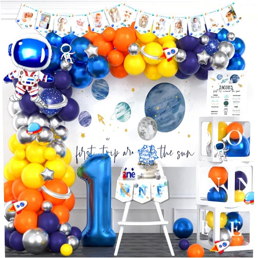 Fiesec First Trip Around the Sun Birthday Decorations, Outer Space 1st Birthday Decorations Balloon Garland Photo Highchair Banner Box Cutout Crown Poster Cake Topper Astronaut Spaceship 125 PCs