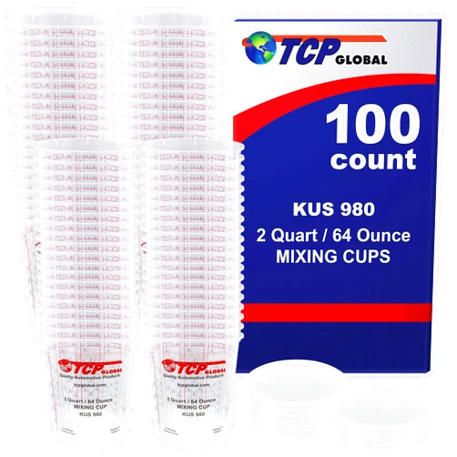 Custom Shop - Full Box Case of 100 Each 64 Ounce Graduated Paint Mixing Cups - Cups are Calibrated with Multiple Mixing Ratios - Also Includes 12 Lids - Cups Hold 80-Ounces Epoxy Resin